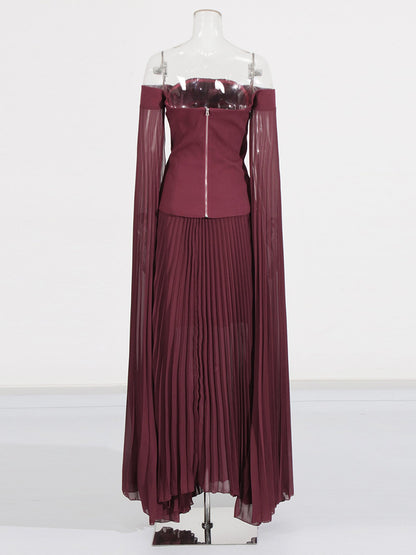 Elegant Burgundy Off - the - Shoulder Top and Pleated Skirt Set - SISPELL