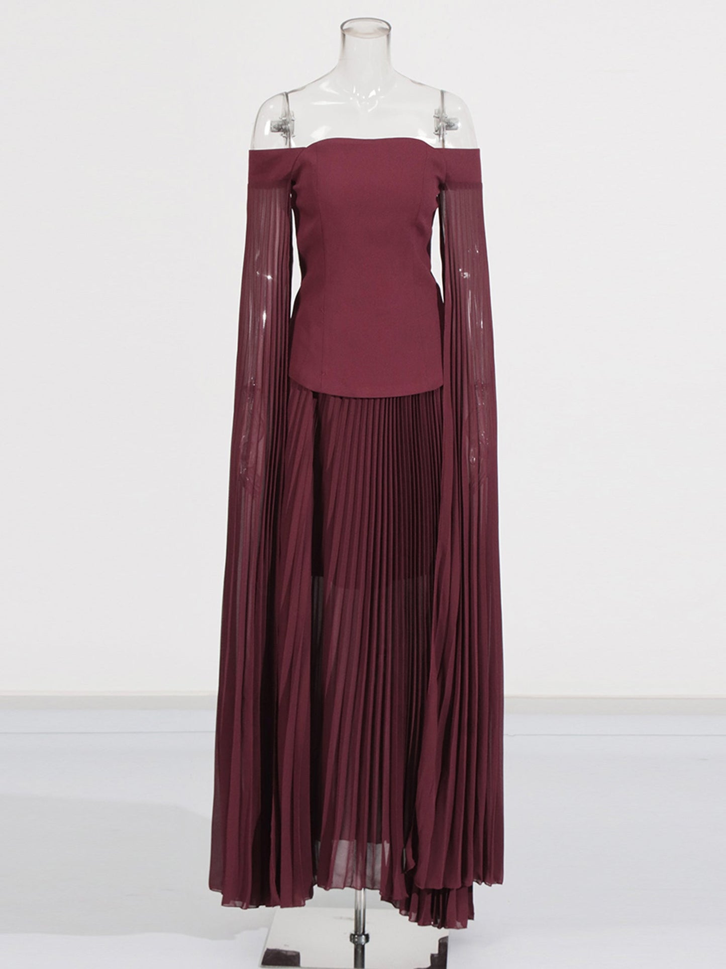 Elegant Burgundy Off - the - Shoulder Top and Pleated Skirt Set - SISPELL