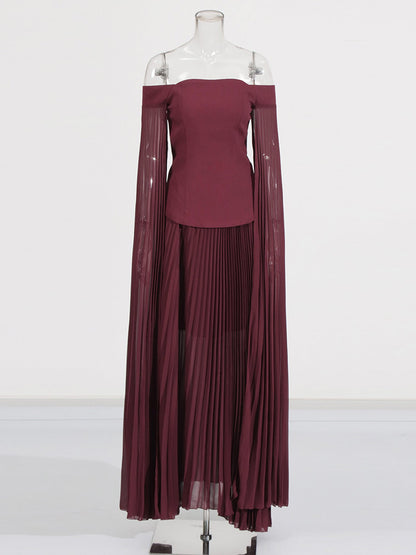 Elegant Burgundy Off - the - Shoulder Top and Pleated Skirt Set - SISPELL