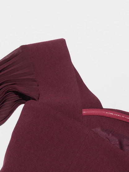 Elegant Burgundy Off - the - Shoulder Top and Pleated Skirt Set - SISPELL