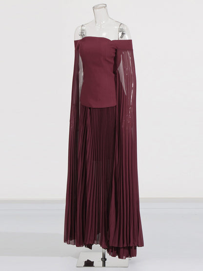 Elegant Burgundy Off - the - Shoulder Top and Pleated Skirt Set - SISPELL
