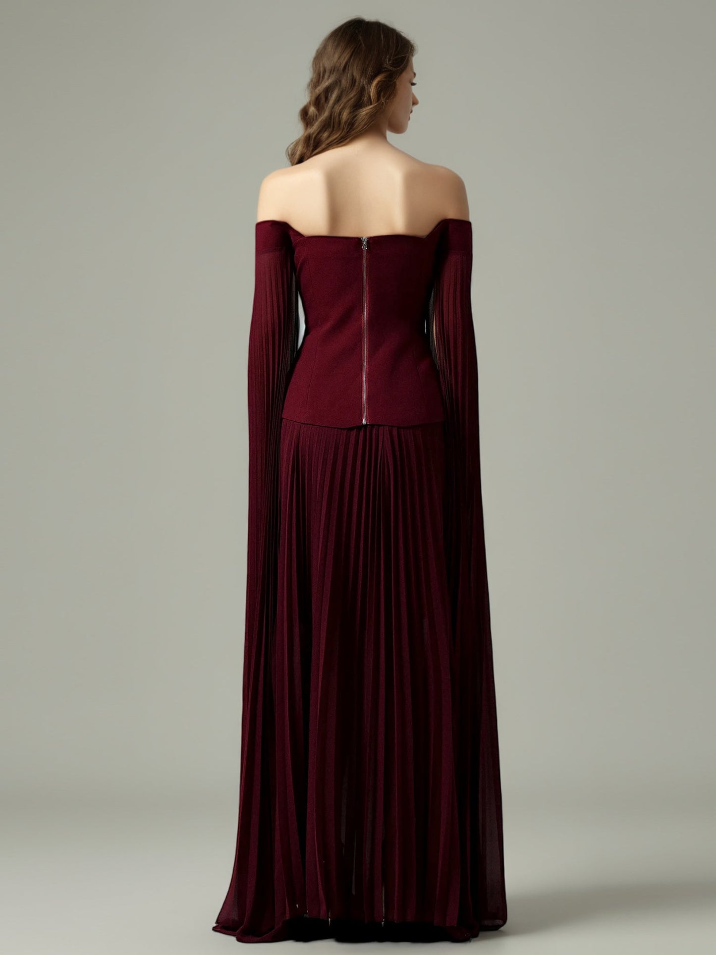 Elegant Burgundy Off - the - Shoulder Top and Pleated Skirt Set - SISPELL