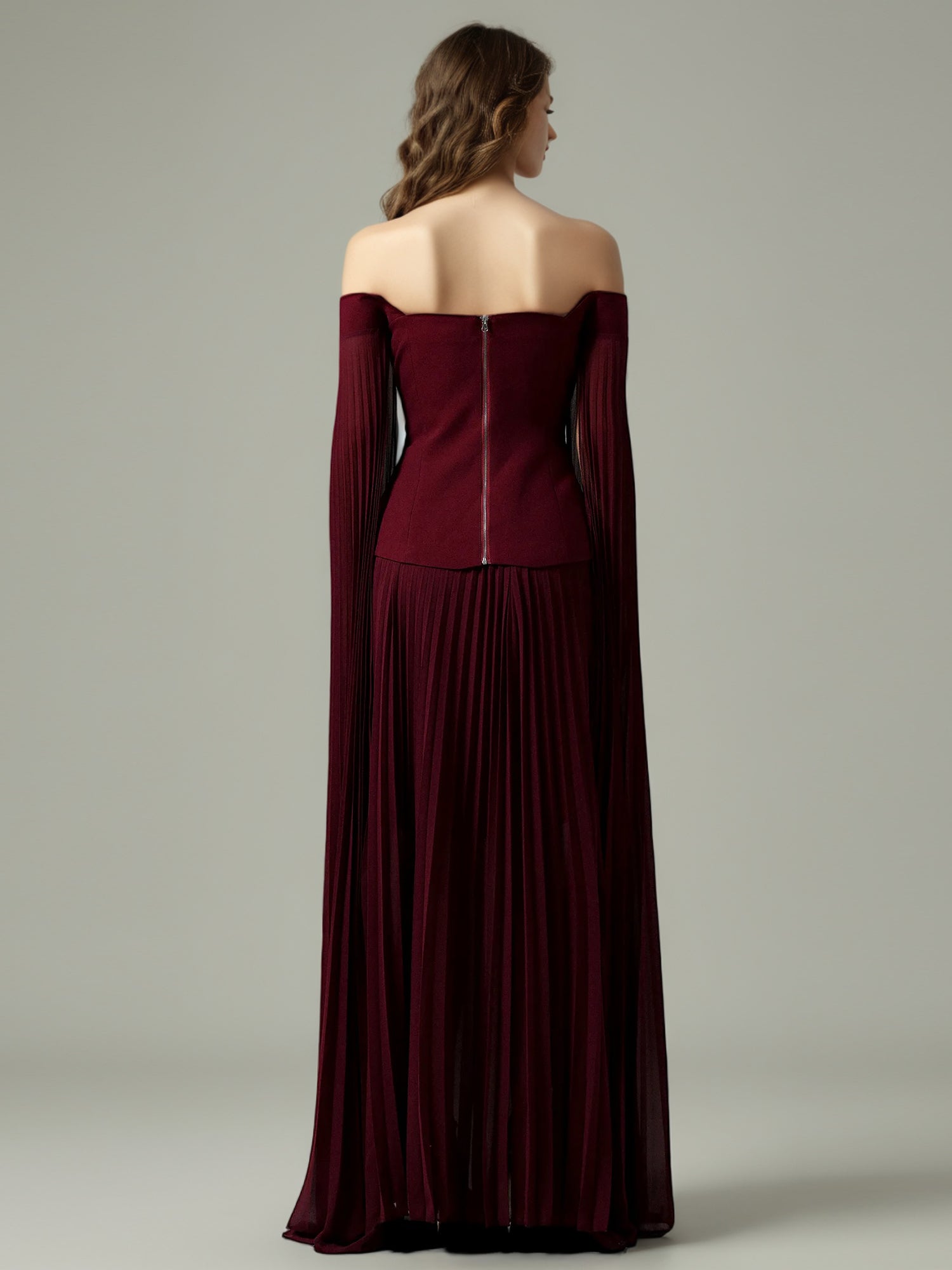 Elegant Burgundy Off - the - Shoulder Top and Pleated Skirt Set - SISPELL