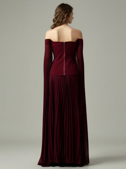Elegant Burgundy Off - the - Shoulder Top and Pleated Skirt Set - SISPELL