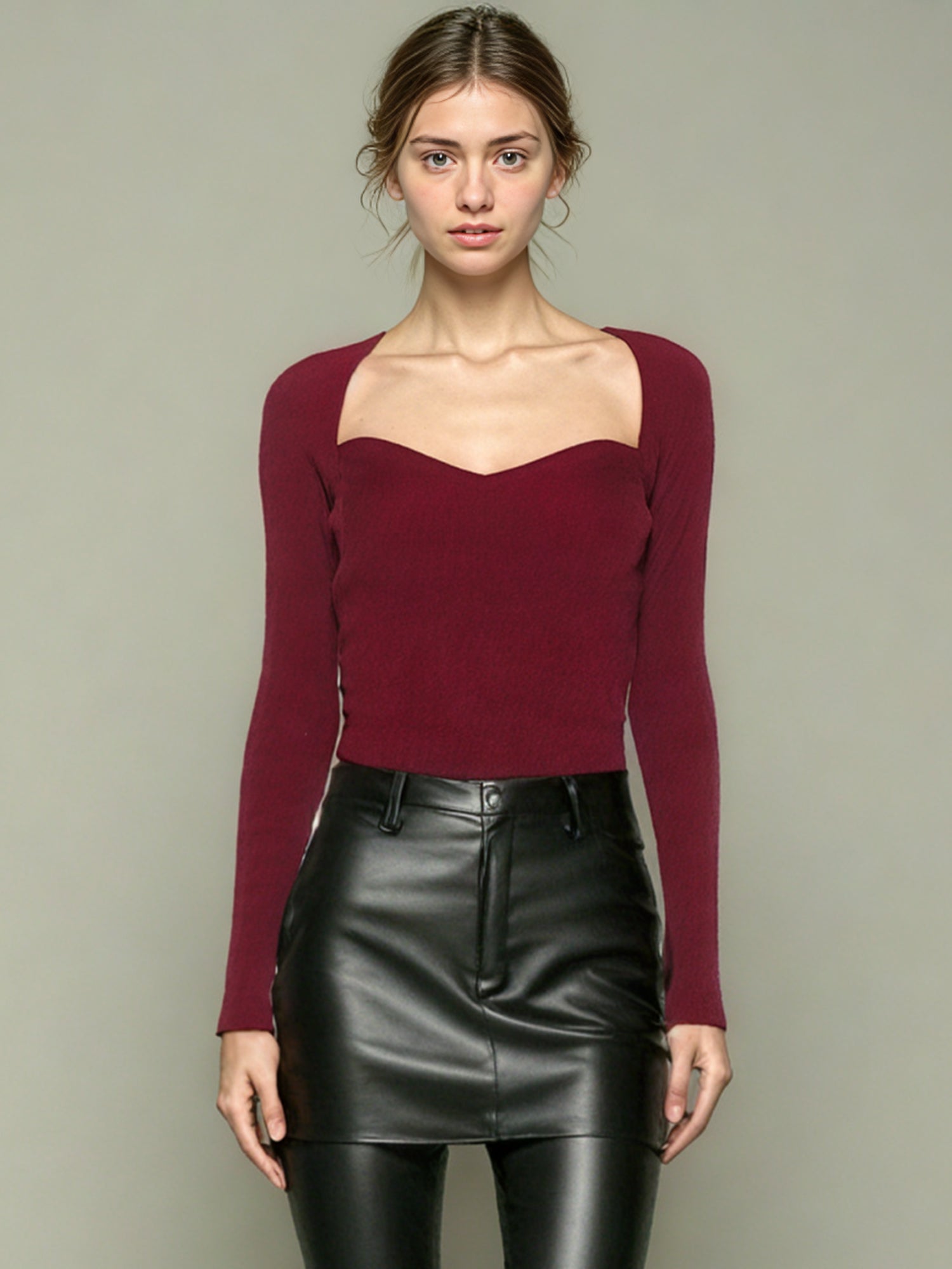 Elegant Burgundy Sweetheart Neckline Long - Sleeve Top - SISPELL