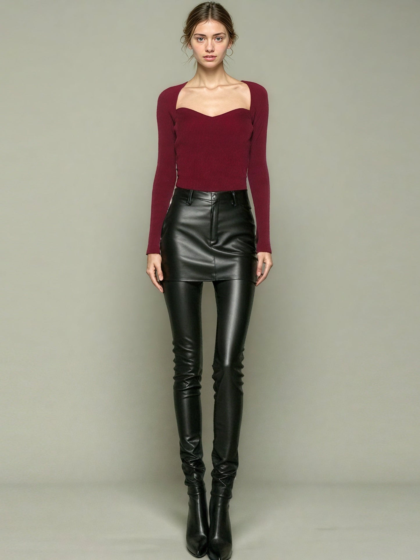 Elegant Burgundy Sweetheart Neckline Long - Sleeve Top - SISPELL