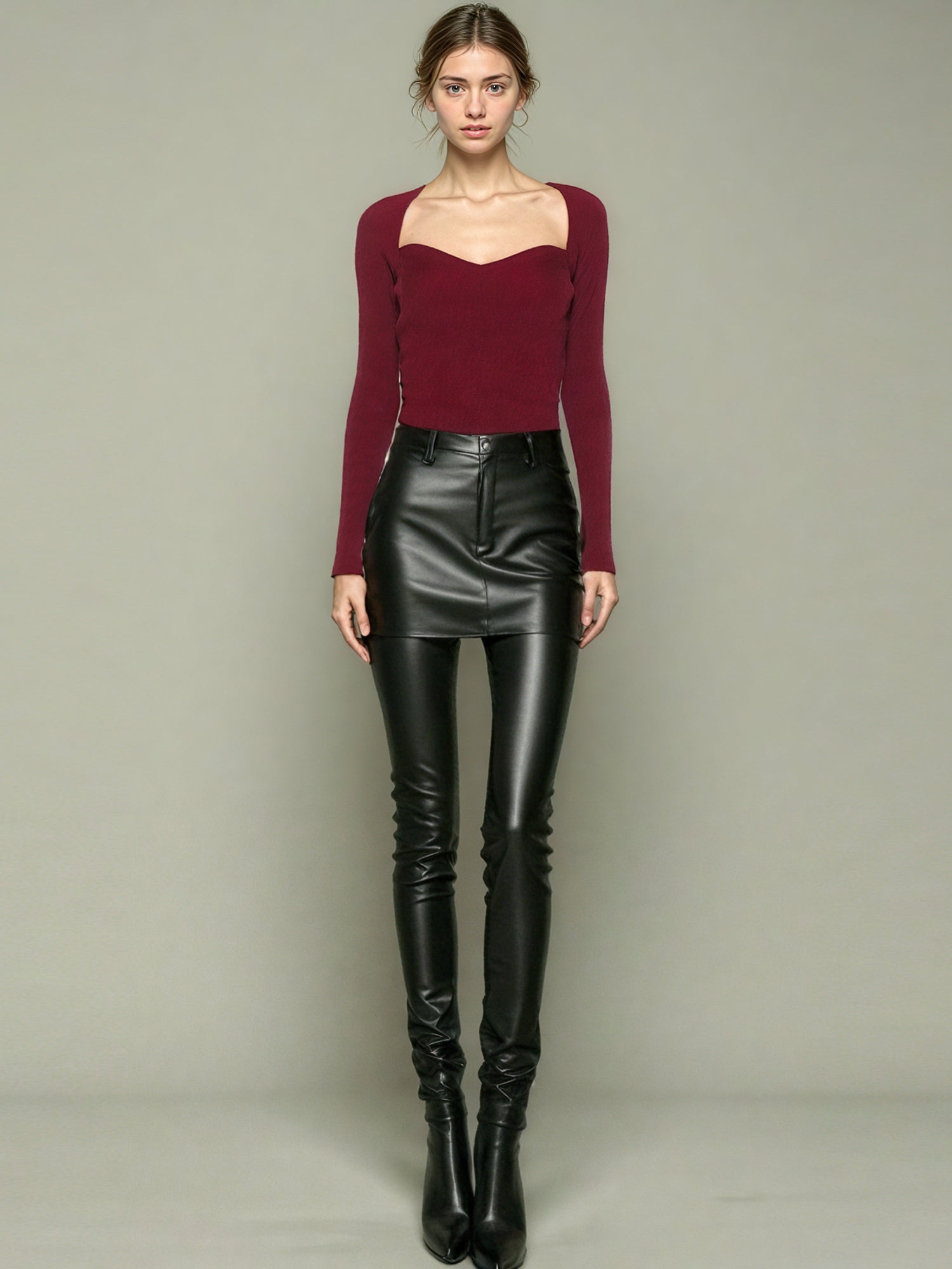 Elegant Burgundy Sweetheart Neckline Long - Sleeve Top - SISPELL