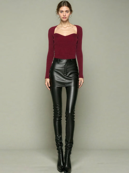 Elegant Burgundy Sweetheart Neckline Long - Sleeve Top - SISPELL