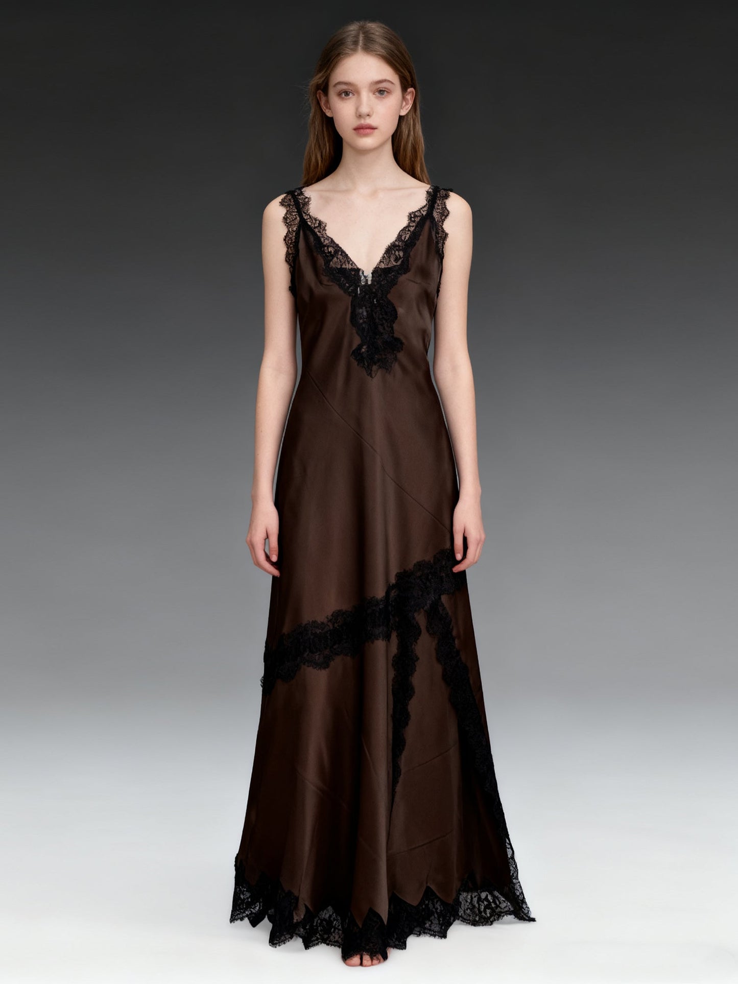 Elegant Chocolate Brown Satin Maxi Dress with Black Lace Details - SISPELL