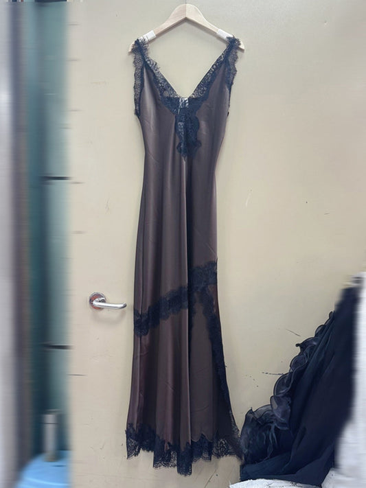 Elegant Chocolate Brown Satin Maxi Dress with Black Lace Details - SISPELL