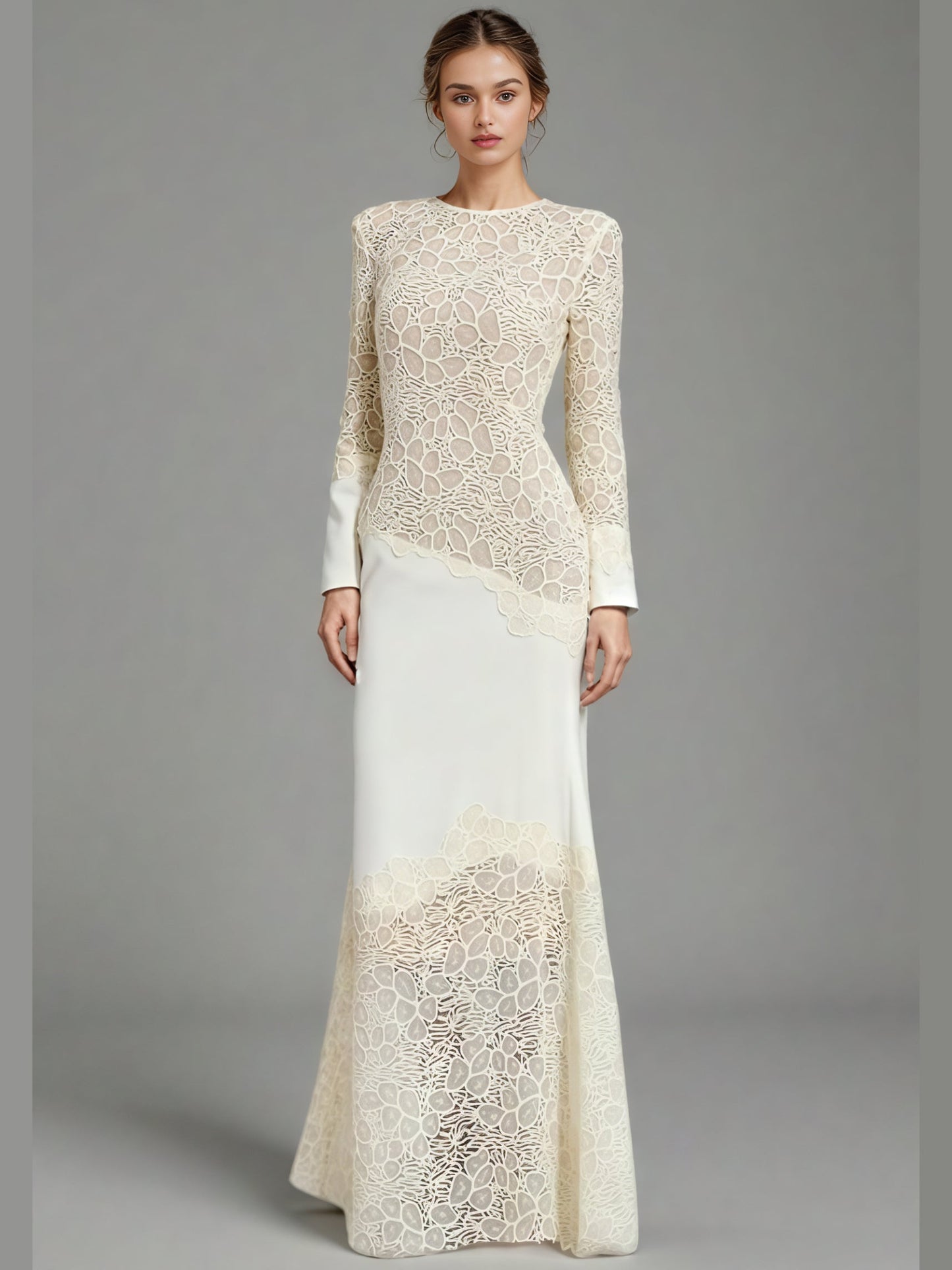 Elegant Cream Lace Long - Sleeve Maxi Dress - SISPELL