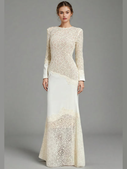 Elegant Cream Lace Long - Sleeve Maxi Dress - SISPELL