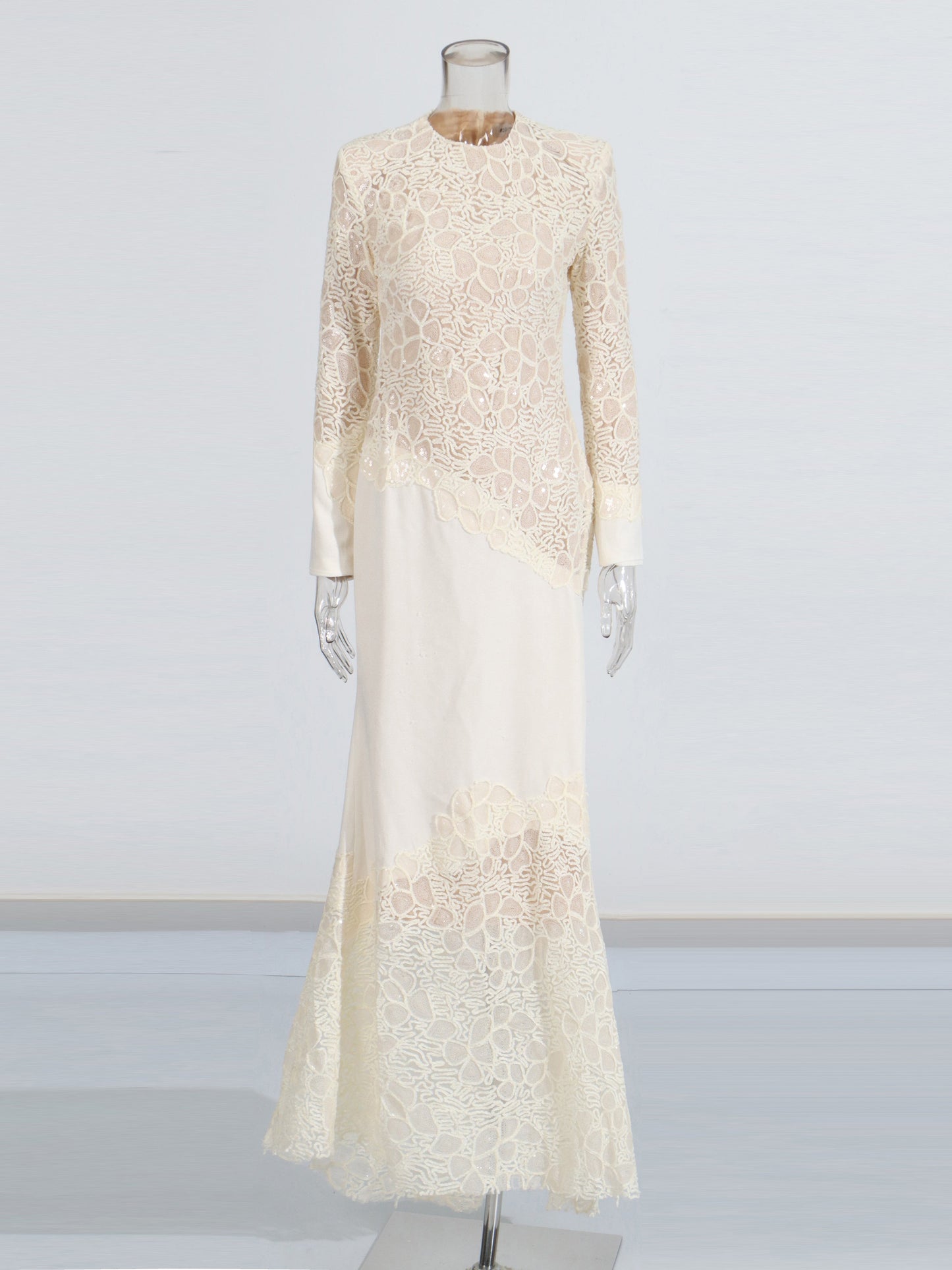 Elegant Cream Lace Long - Sleeve Maxi Dress - SISPELL