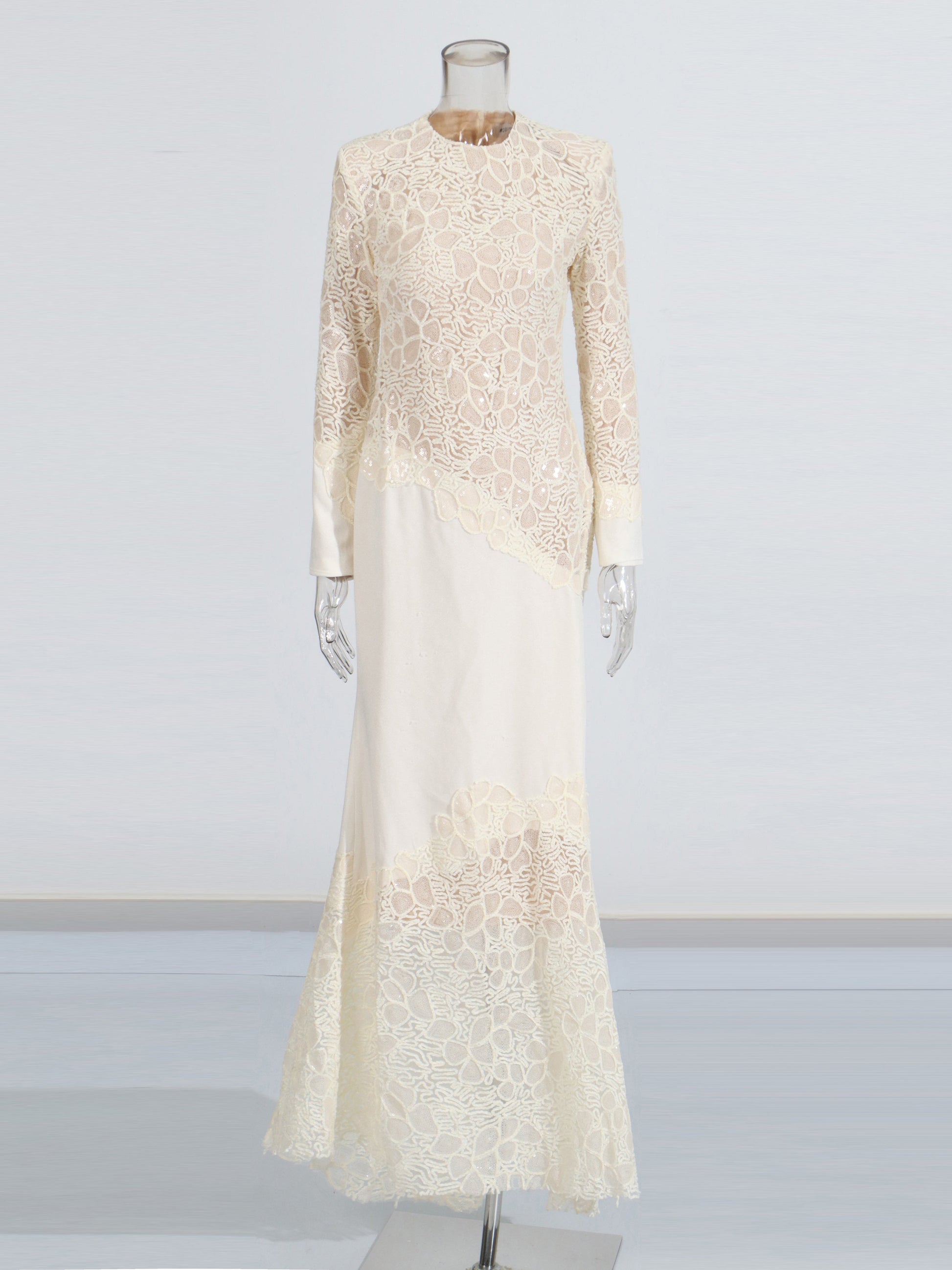 Elegant Cream Lace Long - Sleeve Maxi Dress - SISPELL