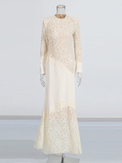 Elegant Cream Lace Long - Sleeve Maxi Dress - SISPELL