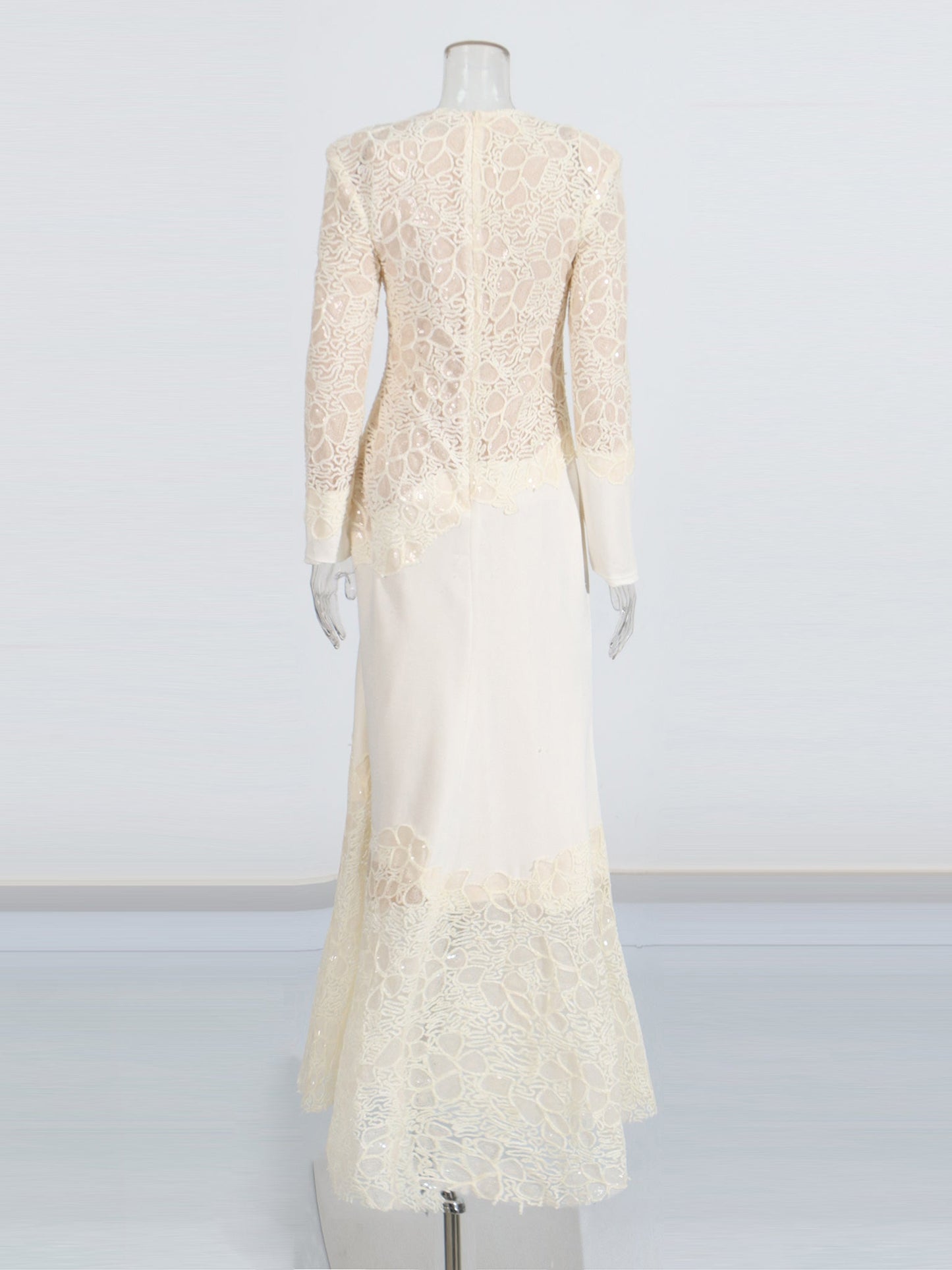 Elegant Cream Lace Long - Sleeve Maxi Dress - SISPELL