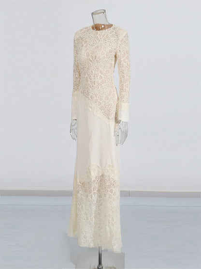 Elegant Cream Lace Long - Sleeve Maxi Dress - SISPELL