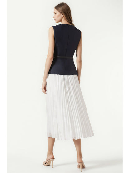 Elegant Hit Color Pleated Long Dress - SISPELL
