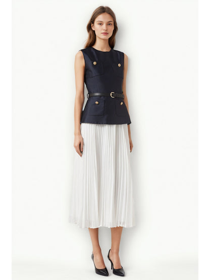 Elegant Hit Color Pleated Long Dress - SISPELL