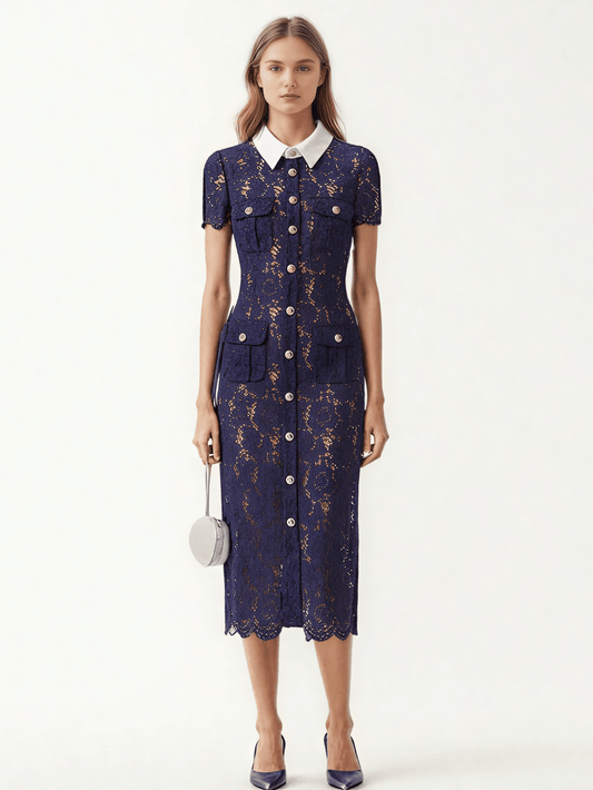 Elegant Lace Hit Color Midi Dress - SISPELL