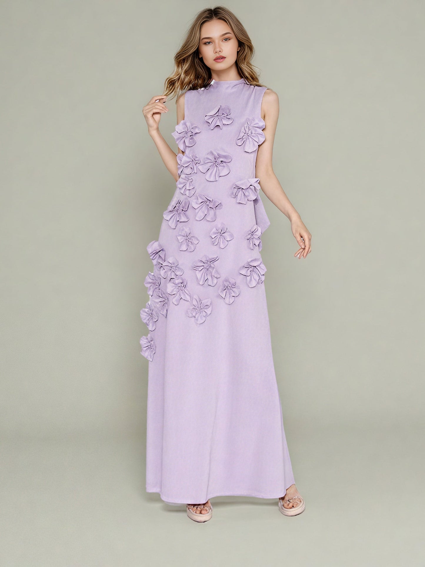 Elegant Lavender Maxi Dress with 3D Floral Appliqués - SISPELL