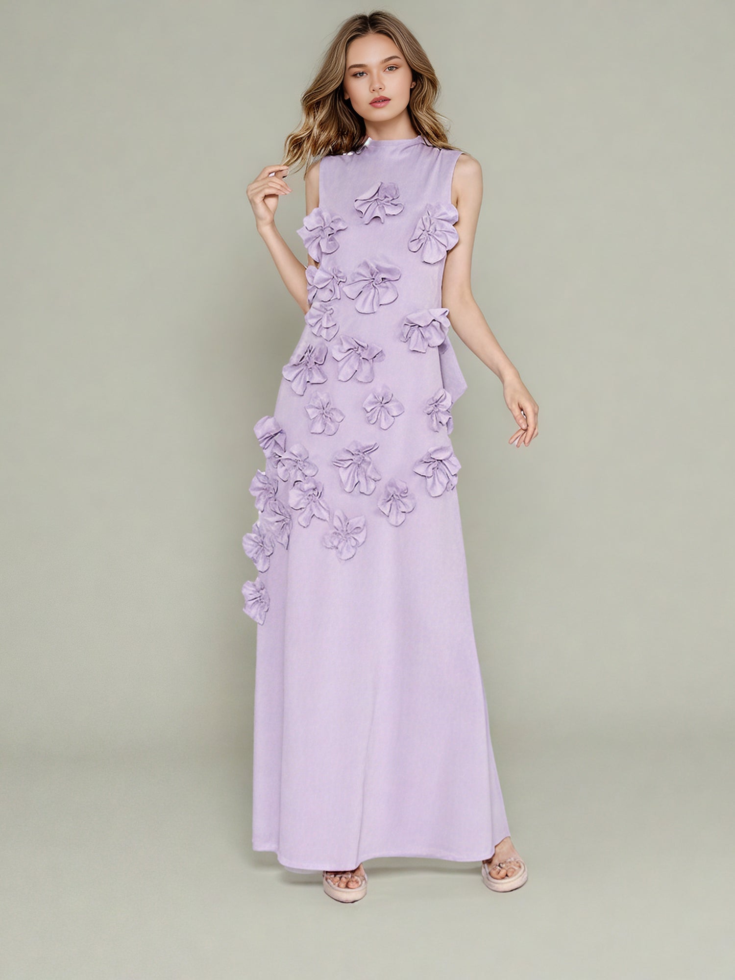 Elegant Lavender Maxi Dress with 3D Floral Appliqués - SISPELL