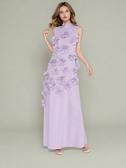 Elegant Lavender Maxi Dress with 3D Floral Appliqués - SISPELL