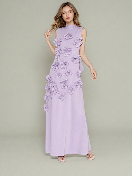 Elegant Lavender Maxi Dress with 3D Floral Appliqués - SISPELL
