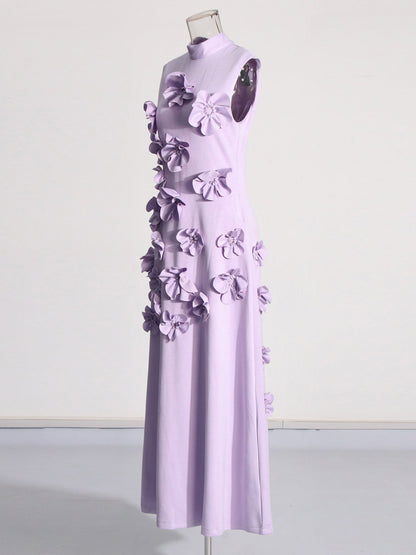 Elegant Lavender Maxi Dress with 3D Floral Appliqués - SISPELL