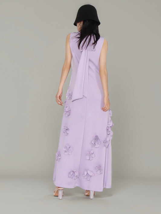 Elegant Lavender Maxi Dress with 3D Floral Appliqués - SISPELL