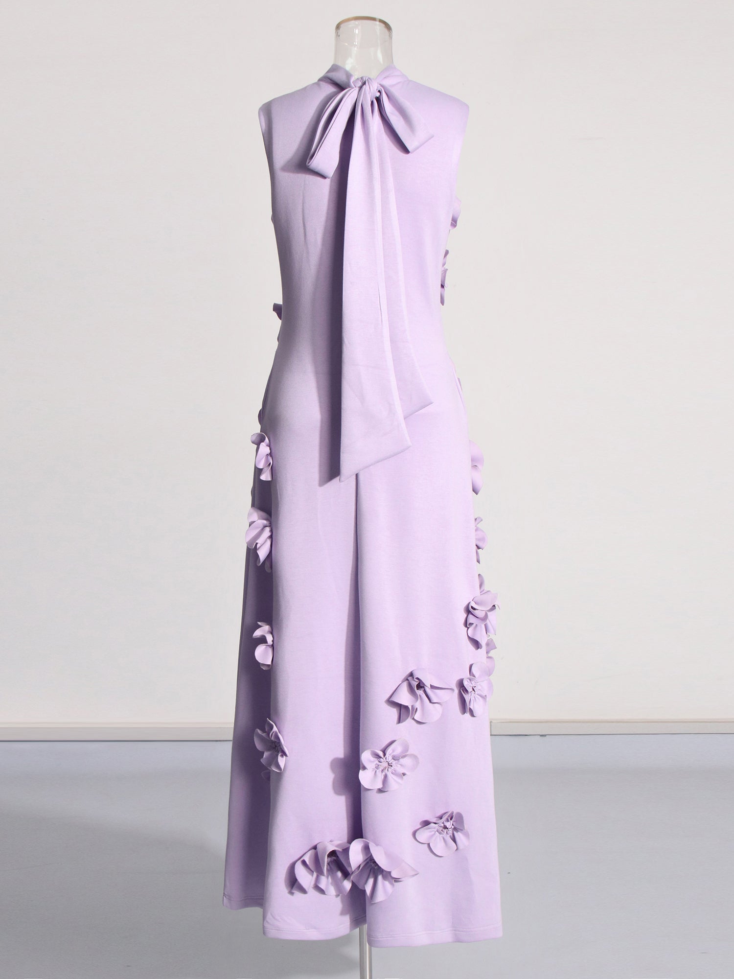 Elegant Lavender Maxi Dress with 3D Floral Appliqués - SISPELL