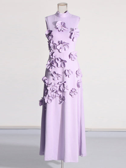 Elegant Lavender Maxi Dress with 3D Floral Appliqués - SISPELL