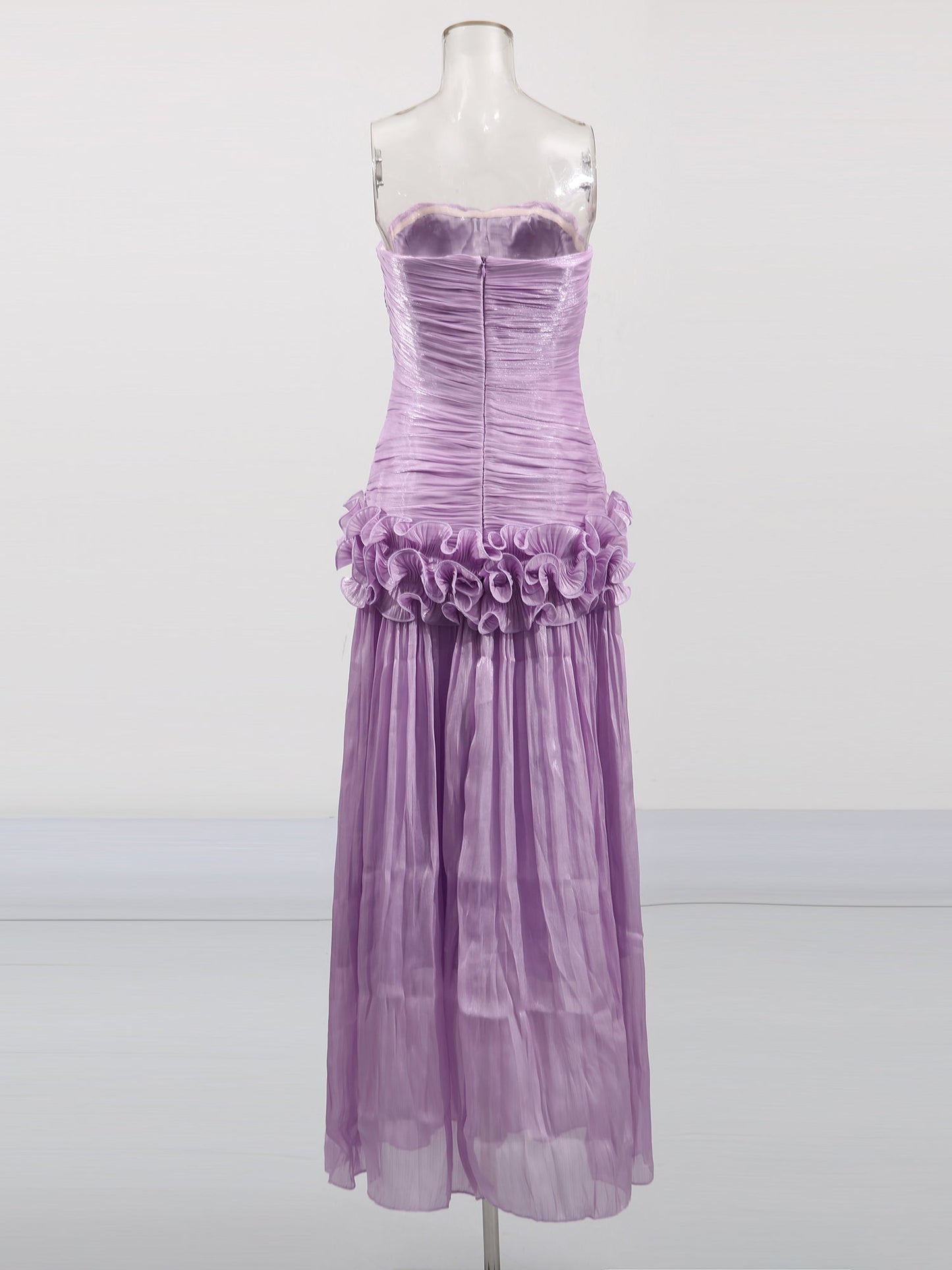 Elegant Lavender Strapless Maxi Dress with Ruffled Detail - SISPELL
