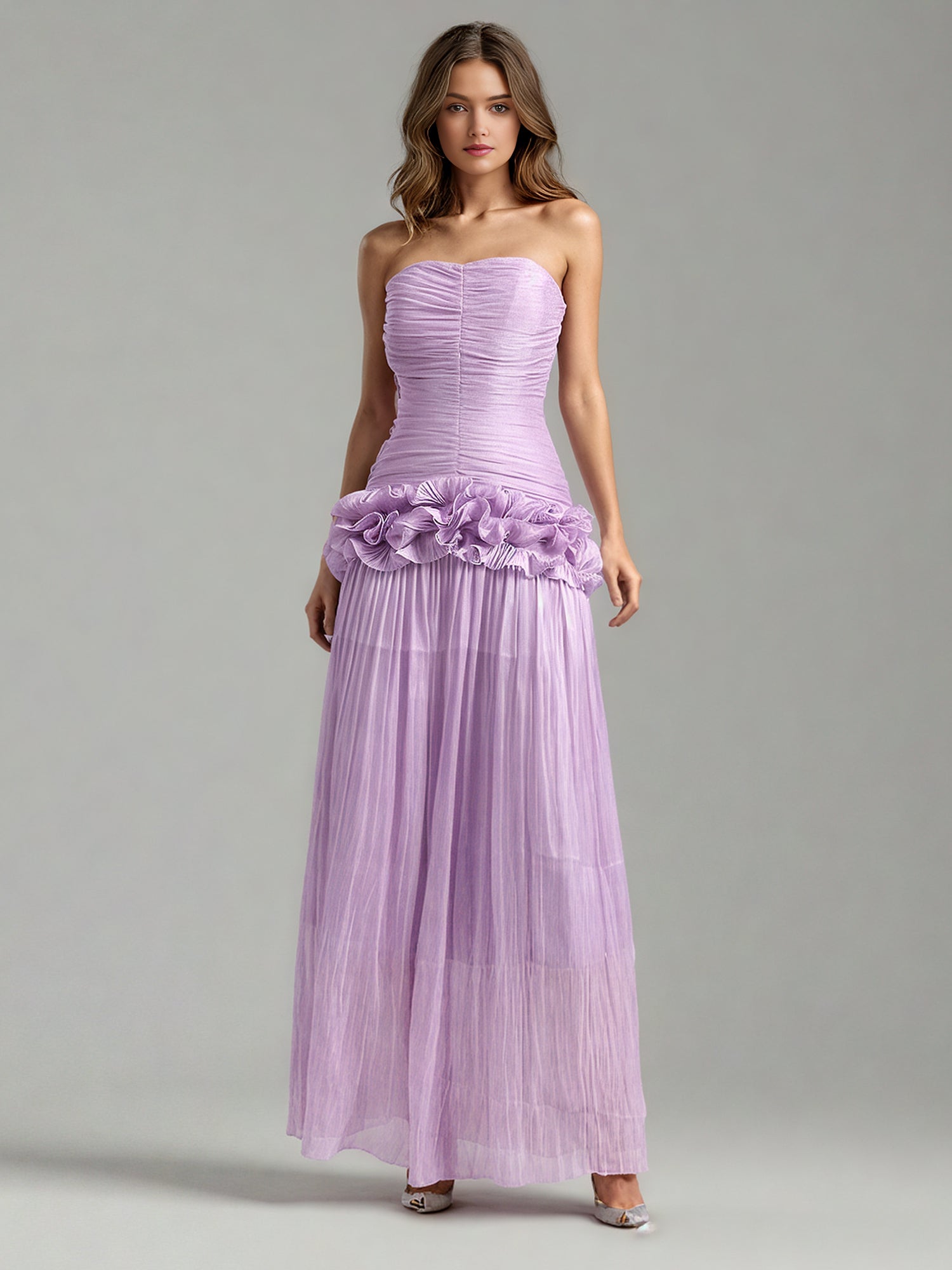 Elegant Lavender Strapless Maxi Dress with Ruffled Detail - SISPELL