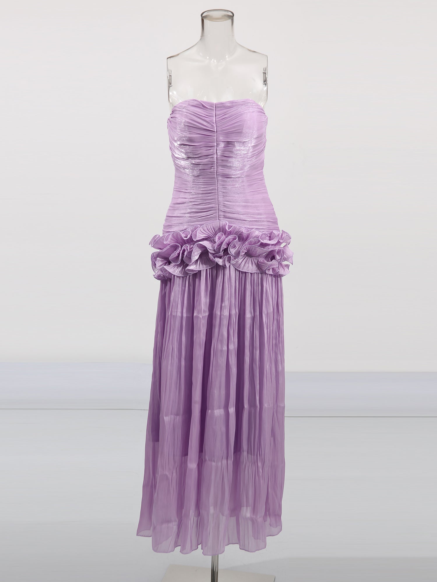 Elegant Lavender Strapless Maxi Dress with Ruffled Detail - SISPELL