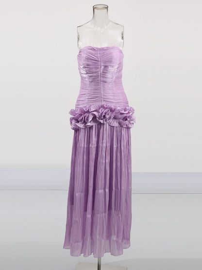 Elegant Lavender Strapless Maxi Dress with Ruffled Detail - SISPELL