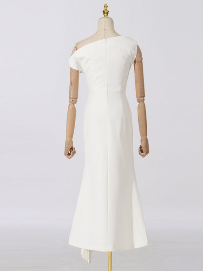 Elegant One - Shoulder Pleated Midi Dress in Cream - SISPELL