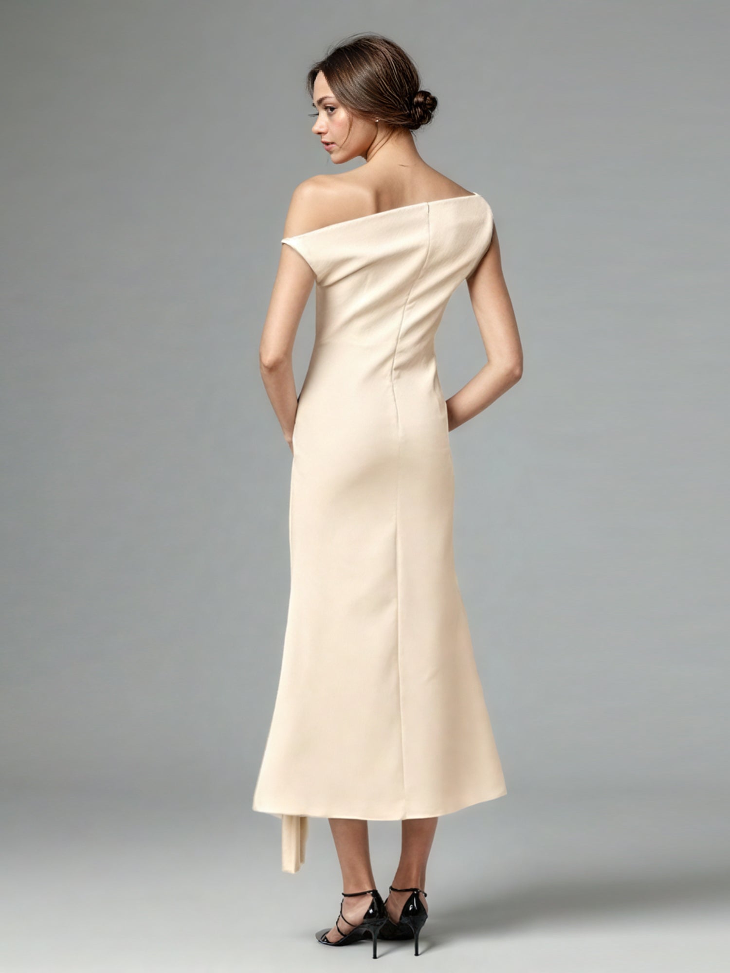 Elegant One - Shoulder Pleated Midi Dress in Cream - SISPELL