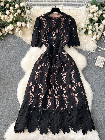 Elegant Solid Hollow Out Midi Dress - SISPELL