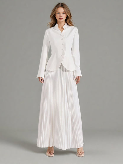 Elegant White Embroidered Jacket and Pleated Maxi Skirt Suit - SISPELL