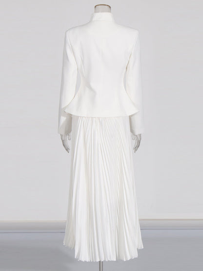 Elegant White Embroidered Jacket and Pleated Maxi Skirt Suit - SISPELL