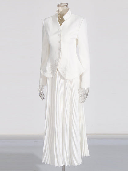 Elegant White Embroidered Jacket and Pleated Maxi Skirt Suit - SISPELL