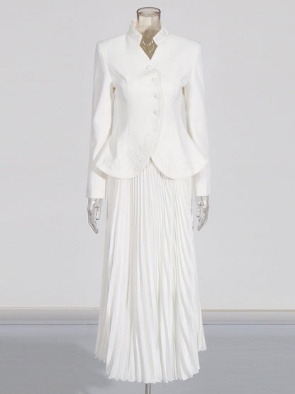 Elegant White Embroidered Jacket and Pleated Maxi Skirt Suit - SISPELL