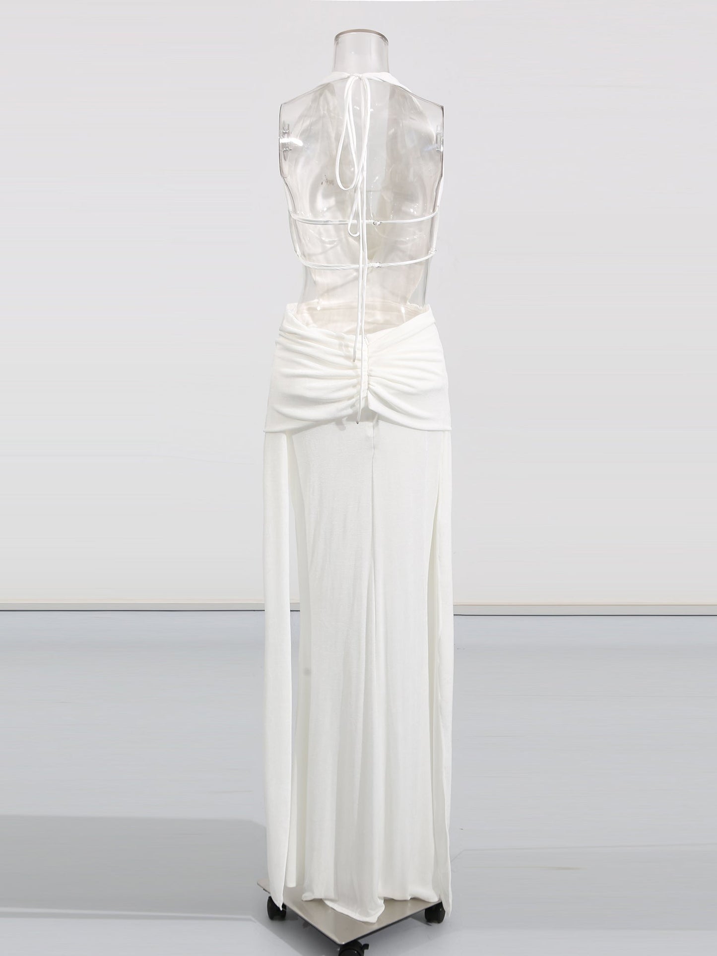 Elegant White Halter Neck Draped Maxi Dress - SISPELL