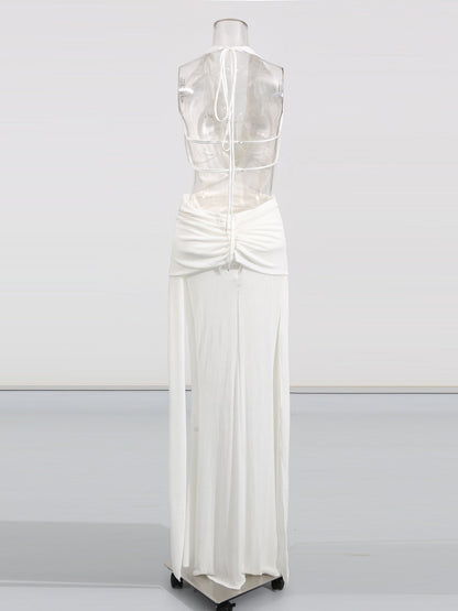 Elegant White Halter Neck Draped Maxi Dress - SISPELL