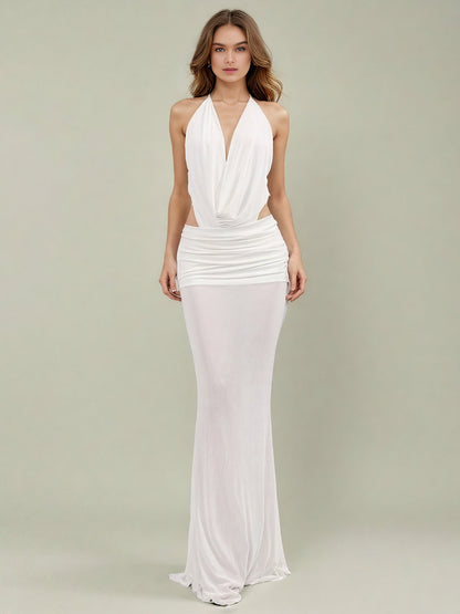 Elegant White Halter Neck Draped Maxi Dress - SISPELL