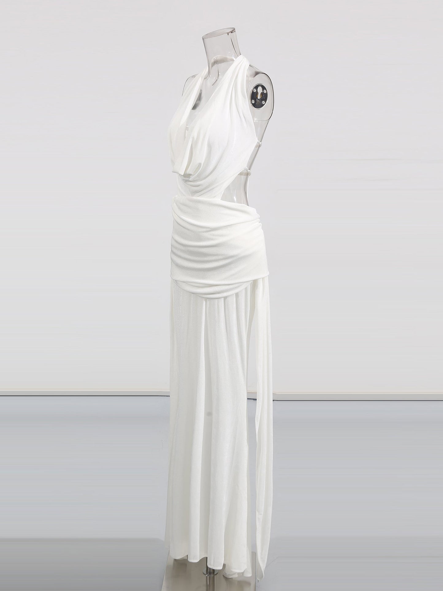 Elegant White Halter Neck Draped Maxi Dress - SISPELL