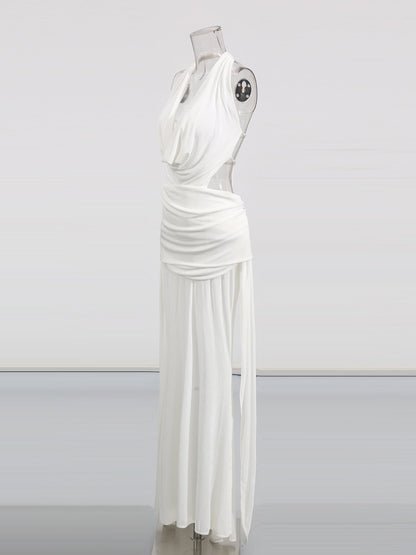 Elegant White Halter Neck Draped Maxi Dress - SISPELL