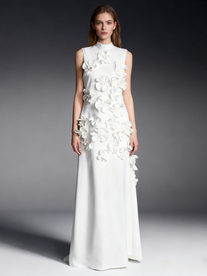 Elegant White Maxi Dress with 3D Floral Appliqués - SISPELL
