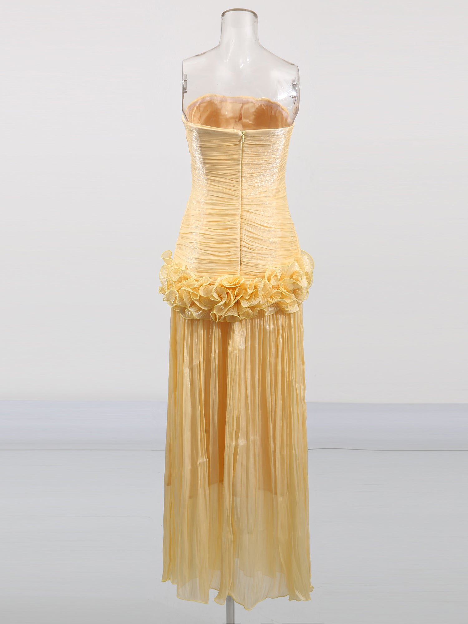 Elegant Yellow Strapless Maxi Dress with Ruffled Detail - SISPELL